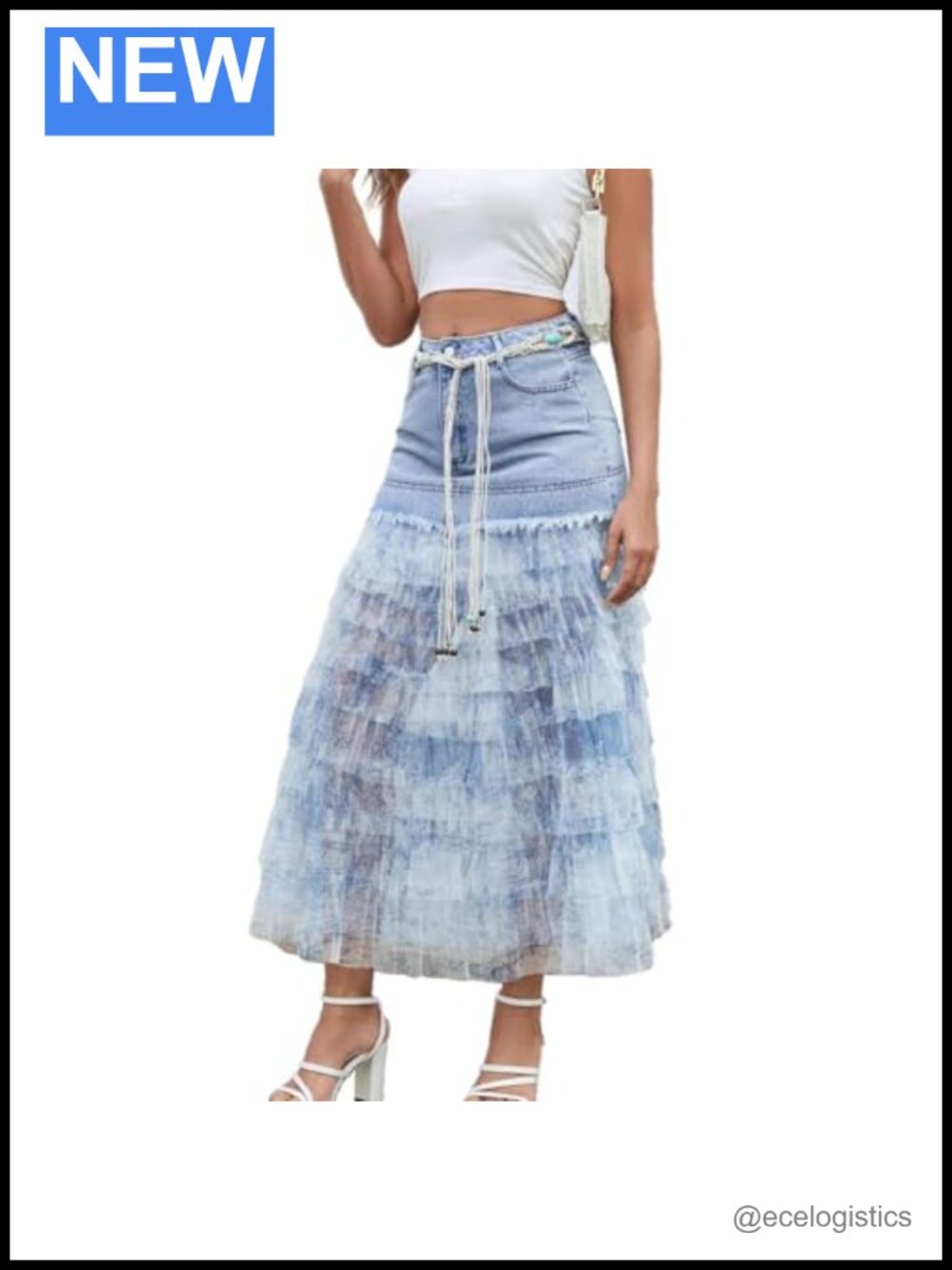Boho Tiered Ruffle Mesh Patchwork Midi Denim Skirt